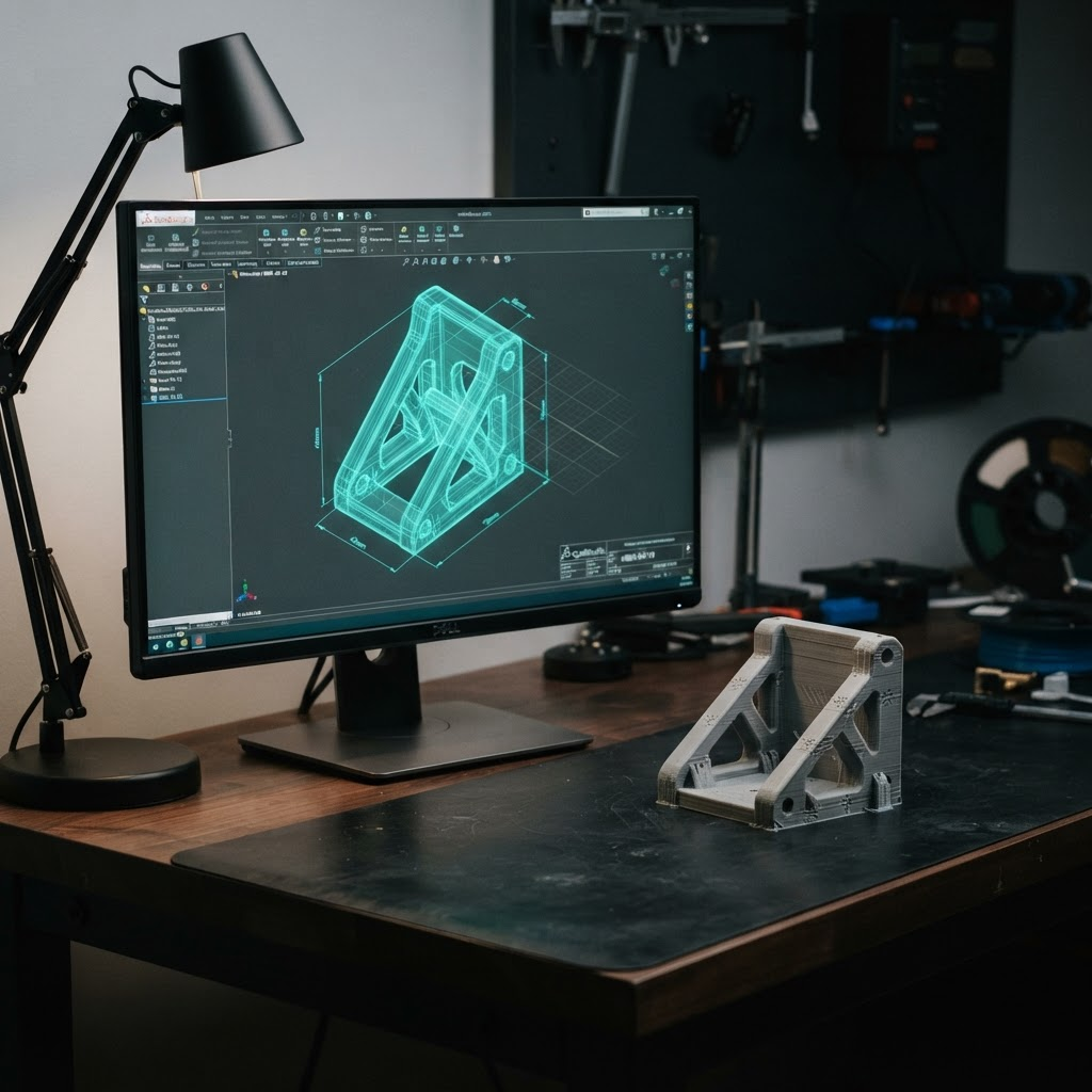3D CAD model vedle vytištěného dílu